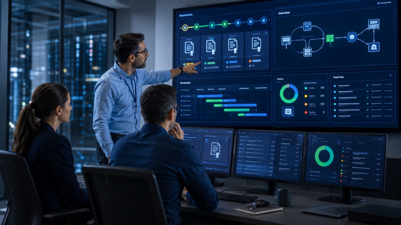 Team reviewing a certificate lifecycle dashboard showing renewals, status, and expirations