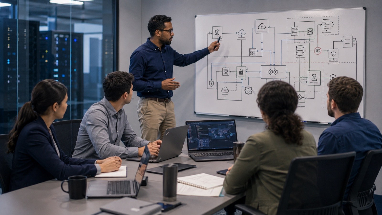 Engineer walking a team through a security automation workflow diagram on a whiteboard